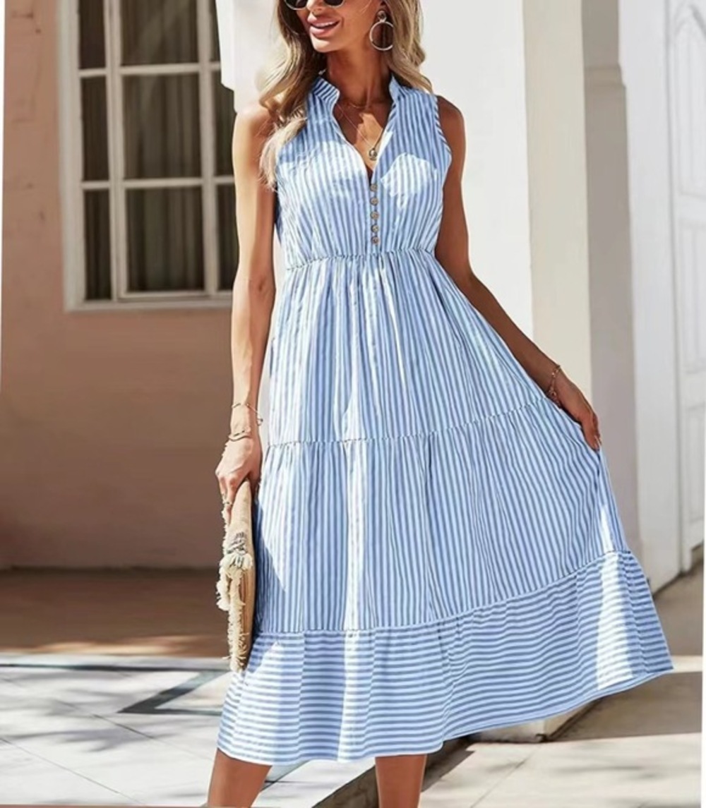 Women's Light Blue Striped V-Neck Sleeveless Tiered Maxi Dress